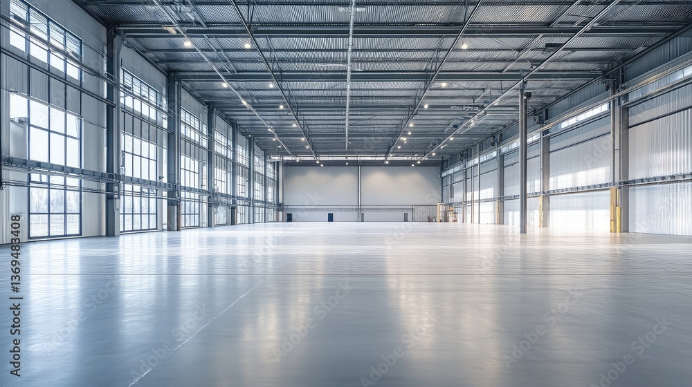 Aufkleber the inside of an empty factory hall with high ceilings, metal supports, and an industrial design emp