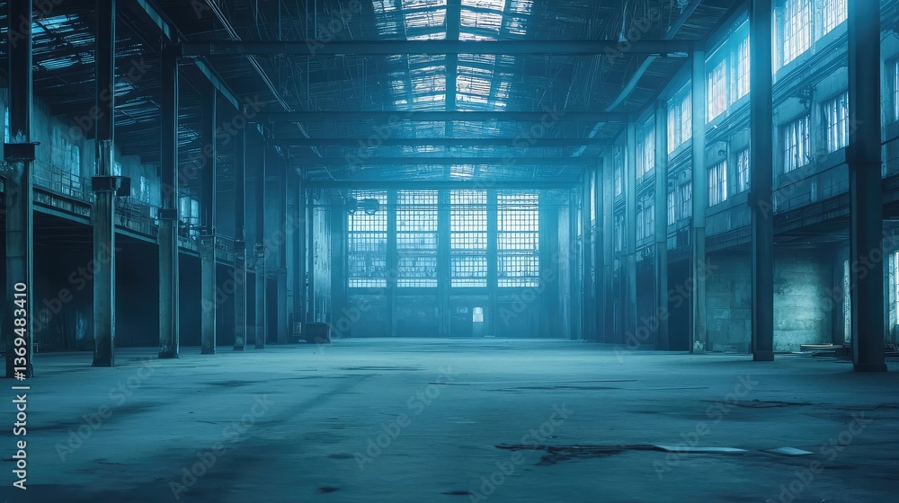Aufkleber the inside of an empty factory hall with high ceilings, metal supports, and an industrial design emp