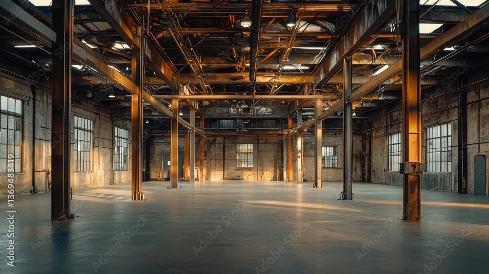 Aufkleber the inside of an empty factory hall with high ceilings, metal supports, and an industrial design emp