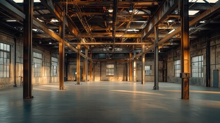 The inside of an empty factory hall with high ceilings, metal supports, and an industrial design emphasizing open space and efficient layout.