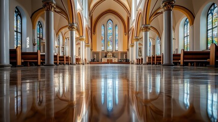 Fototapeta premium The interior of an empty church with towering columns, arched ceilings, and polished floors, creating a spacious, peaceful atmosphere.