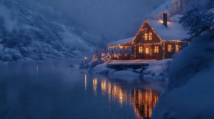 Fototapeta premium Illuminated cabin, snowy landscape, tranquil lake reflection.