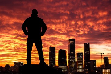 Fototapeta premium Silhouette of confident male at urban sunset skyline