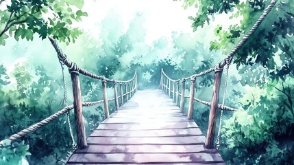 Watercolor illustration of wooden rope bridge in lush forest with misty morning atmosphere, soft brush strokes and nature-inspired color palette on white background. Artistic depiction of serene lands