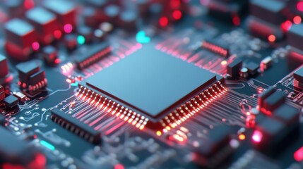 Fototapeta premium Close-up of a computer chip with glowing circuits, showcasing intricate technology and innovation.