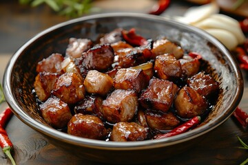 Close-up of bowl filled with babi kecap, succulent glazed pork belly, small red chilies, sprig of rosemary. Concept of babi kecap, vibrant, appetizing Indonesian sweet soy pork dish.