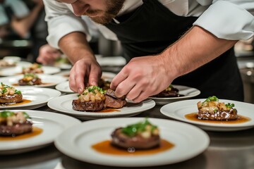 Chef in professional kitchen preparing babi kecap, Indonesian sweet soy pork with focus on vibrant dish presentation. Concept of culinary art featuring babi kecap highlights creativity.