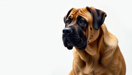 Obraz premium Imposing mastiff, alert expression, pure white backdrop, canine, strong, giant breed