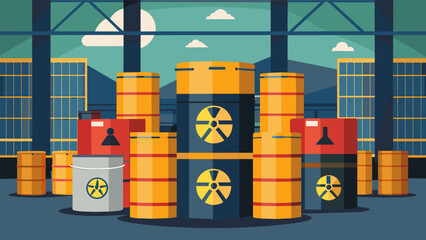 A vast storage facility filled with large thickwalled drums each labeled with hazardous symbols and strict handling instructions for the nuclear waste. Vector illustration