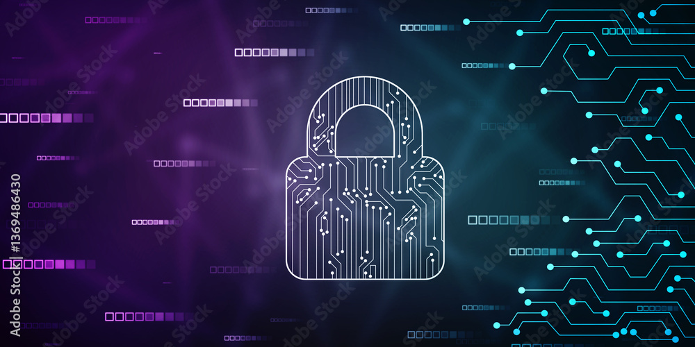 Poster closed padlock on digital screen with flowing binary codes, cyber security and safety information, p