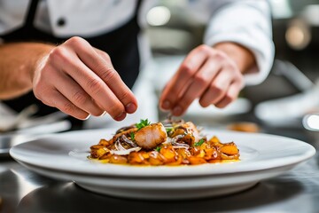 Chef's hands preparing baccala alla vicentina, a dried cod stew, on white plate. Concept of hands crafting baccala alla vicentina, showcasing culinary art and expertise.