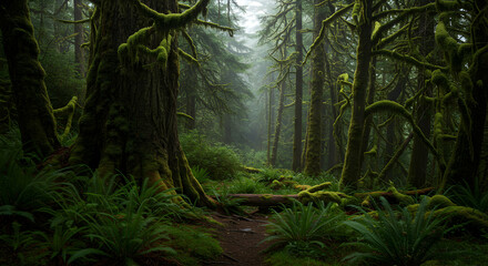 Obraz premium Misty Forest Pathway With Lush Green Vegetation