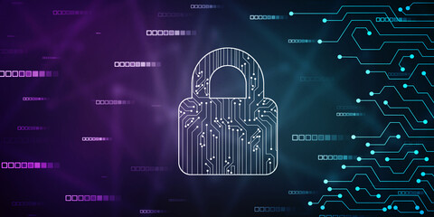 Closed Padlock on digital screen with Flowing binary codes, Cyber Security and safety information, personal data concept. cyber security background, Digital Padlocks on abstract technology background.
