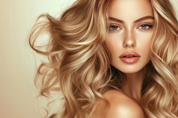 Fototapeta premium A luxurious blonde hair advertisement featuring a woman with healthy, voluminous curls, balayage highlights, and an elegant studio setting.
