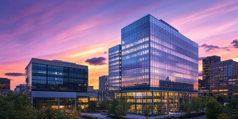 Modern glass office building at sunset with vibrant sky.