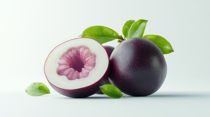 Obraz premium Close up of passion fruits with leaves on white background