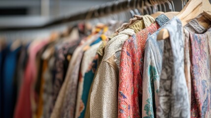 A diverse range of vintage-inspired clothes hanging in a row, demonstrating variety and craftsmanship in fashion.