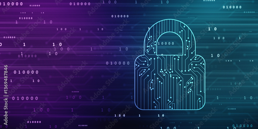 Poster closed padlock on digital screen with flowing binary codes, cyber security and safety information, p
