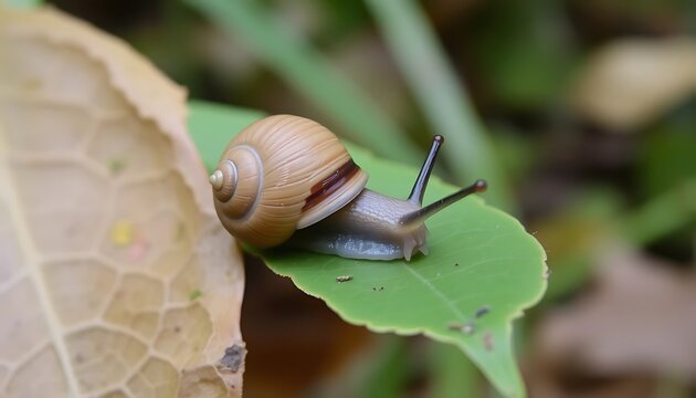Close-up of a small brown snail crawling on a vibrant green leaf in a natural garden setting, showcasing intricate shell details and delicate textures.