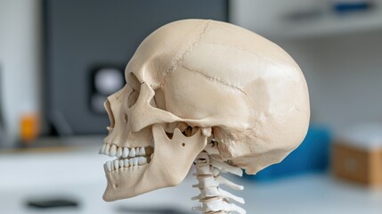Detailed skull model displayed on a blurred background, highlighting intricate anatomical features.