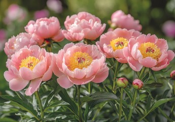 Fototapeta premium Close Up Cluster of Pink Peonies with Yellow Centers in Garden Setting with Green Foliage and Soft Lighting Creates a Gentle and Romantic Mood