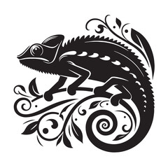 Black Chameleon Silhouette Vector, High Quality Illustration on White Background