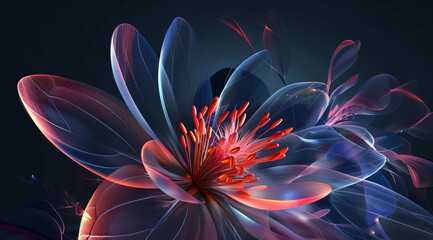 Obraz premium Enchanting translucent flower glowing with ethereal beauty vibrant red center dark background digital art