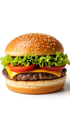 A delicious, handcrafted gourmet hamburger on a rustic wooden board, featuring a juicy beef patty, melted cheese, fresh lettuce, tomato, pickles, and a toasted bun. The burger’s vibrant ingredients .