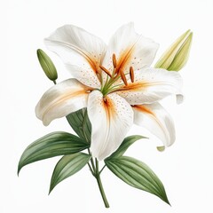 Fototapeta premium Elegant White Lily Blossom with Green Leaves Botanical Illustration Isolated on White Background Floral Design with Detailed Watercolor Petals and Stamens