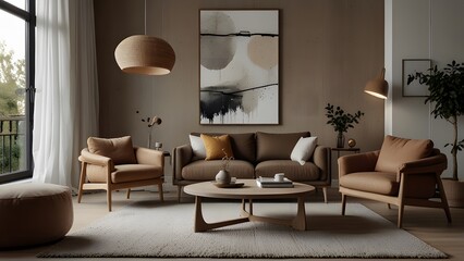 boucle armchairs brown pillows near round coffee table scandinavian interior design modern living room