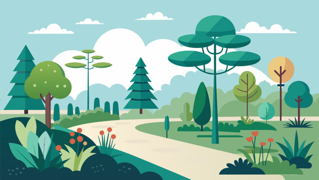 Native plants and trees have been carefully planted throughout the park creating a natural and serene atmosphere for visitors.. Vector illustration