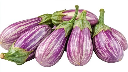 Fototapeta premium Heap of Striped Purple and White Eggplants with Green Stems on a White Background in a Studio Shot