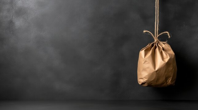 Brown paper bag hanging from twine on dark background