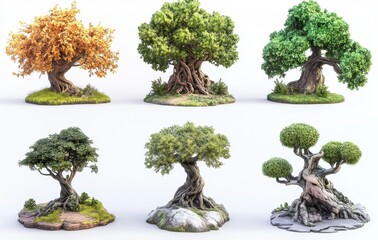 Pixel Art Tree Collection with Varying Foliage Styles in Isometric Perspective for Game Asset Creation