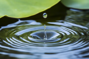 Serenity of a droplet splash creating ripples on calm waters next to green leaves