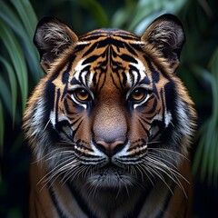 Fototapeta premium a majestic malayan tiger stares directly into the camera, its piercing amber eyes full of intensity. the background is a lush green jungle with blurred foliage. wildlife photography
