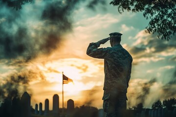 A Memorial Day background with a solemn soldier saluting in front of Arlington National Cemetery.