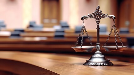 Balanced scale symbolizing justice and fairness on wooden desk, representing impartiality and legal equality in courtroom setting. Concept of law and order.
