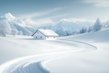 Fototapeta premium Snowy Mountain Chalet Winter Road.