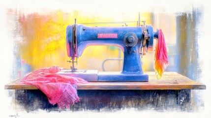 Vintage 1930s Sewing Machine in Richly Detailed Setting with Soft Lighting and Sepia-Toned Aesthetic