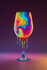 a life-sized tie-dye wine glass with a surreal, melted, and psychedelic appearance