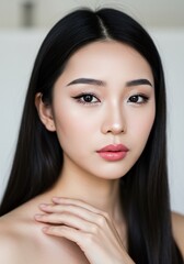 Naklejka premium Serene woman gently touches shoulder soft light illuminates flawless face. AI Generated