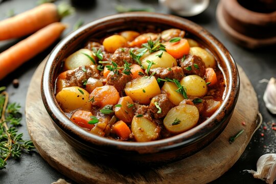 Baeckeoffe dish featuring layered meat and veg casserole, served in rustic bowl. Concept of baeckeoffe emphasizes cozy, inviting culinary tradition with hearty flavors.