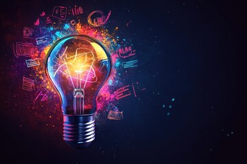 vAn artistic interpretation of an incandescent light bulb, with vibrant neon business sketches emerging from its glow, symbolizing strategic growth.