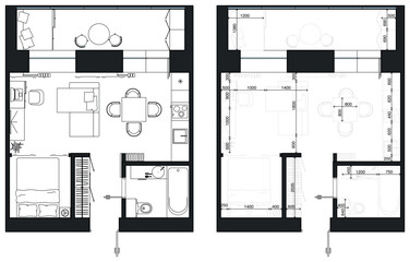 
Floor plan with furniture in top view. Architectural measuring plan of apartment. Detailed studio layout with ergonomic dimensions. Vector