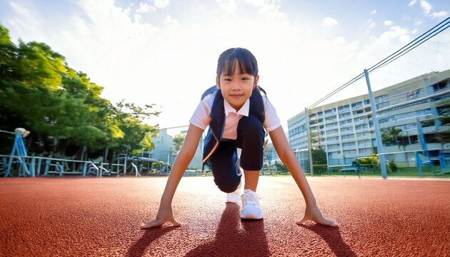 校庭でスタートポジションをとる中学生女子