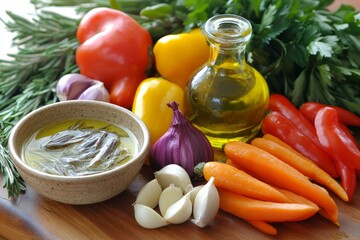 Bagna cauda served with fresh vegetables, including carrots, bell peppers, onions, creating vibrant presentation. Concept of bagna cauda highlights Italian anchovy dip experience.