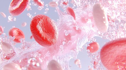 Fototapeta premium Red and white blood cells with flowing transparent liquid