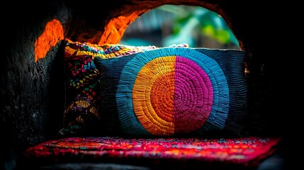 Obraz premium Colorful decorative pillows in a cozy nook indoor setting textile art warm atmosphere close-up view