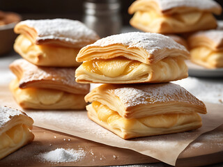 Flaky Puff Pastry with Creamy Custard Filling and Powdered Sugar – Delicious Dessert Treat